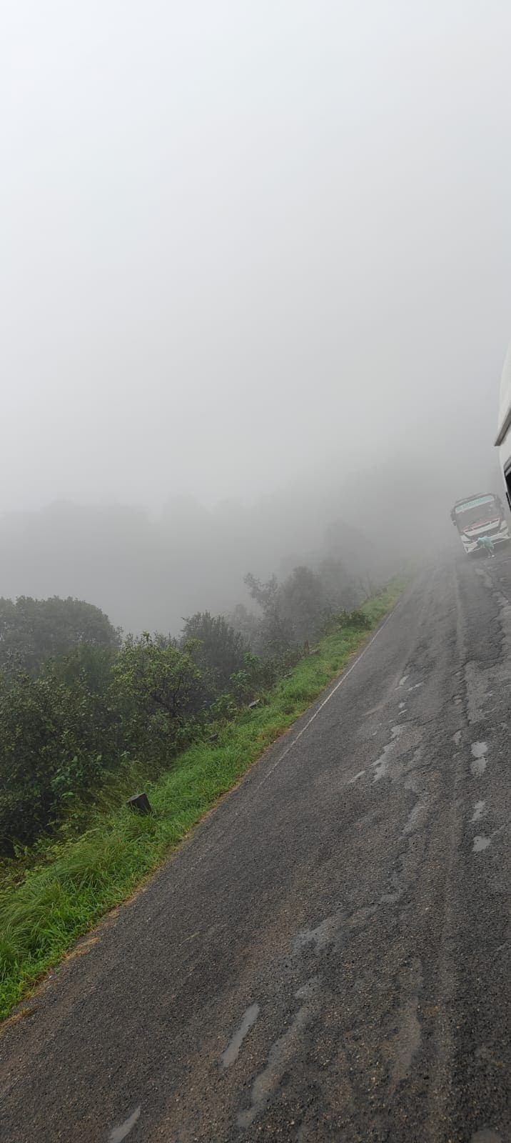 A bus ahead on a foggy mountain road during a hill-station trip
