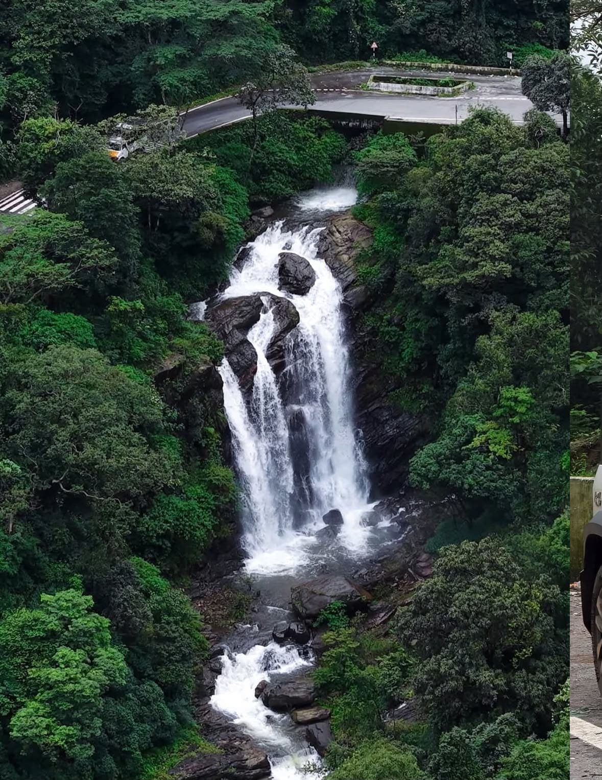 A waterfall cascading through dense forest beside a hairpin ghat road