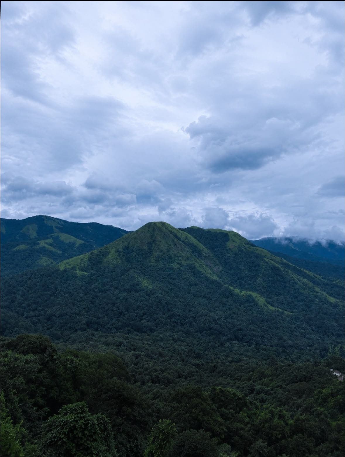 A green mountain peak rising above dense forest under a cloudy monsoon sky