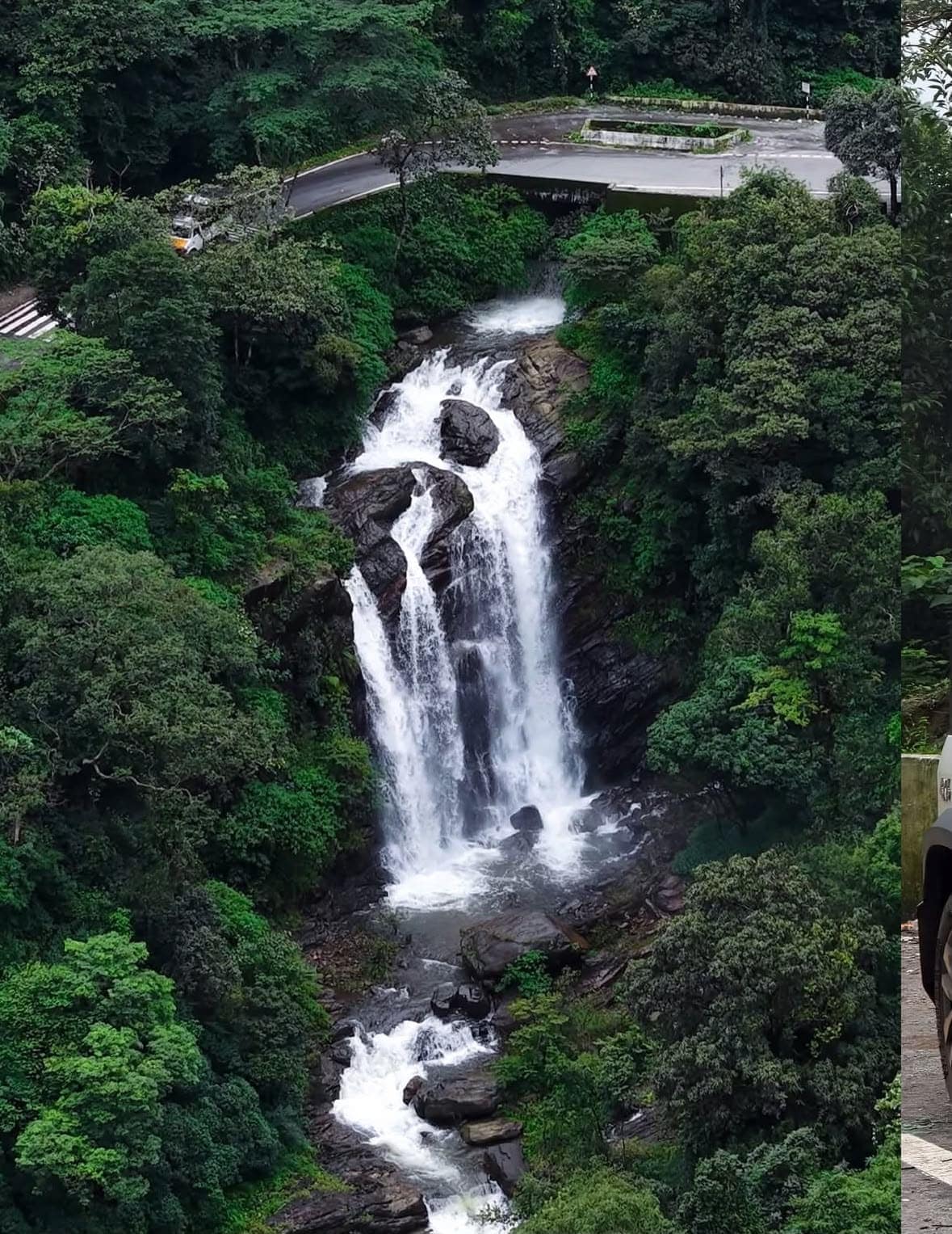 A waterfall cascading through dense forest beside a hairpin ghat road