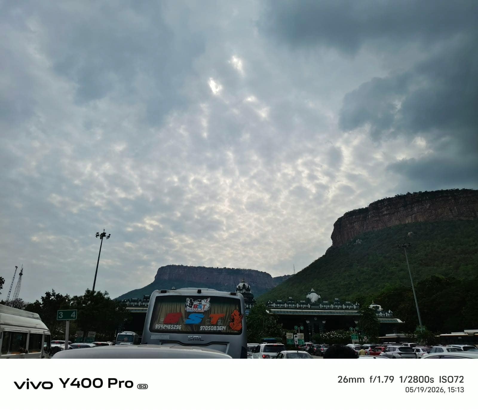 Vehicles at the base of the Tirupati temple hills on a pilgrimage trip
